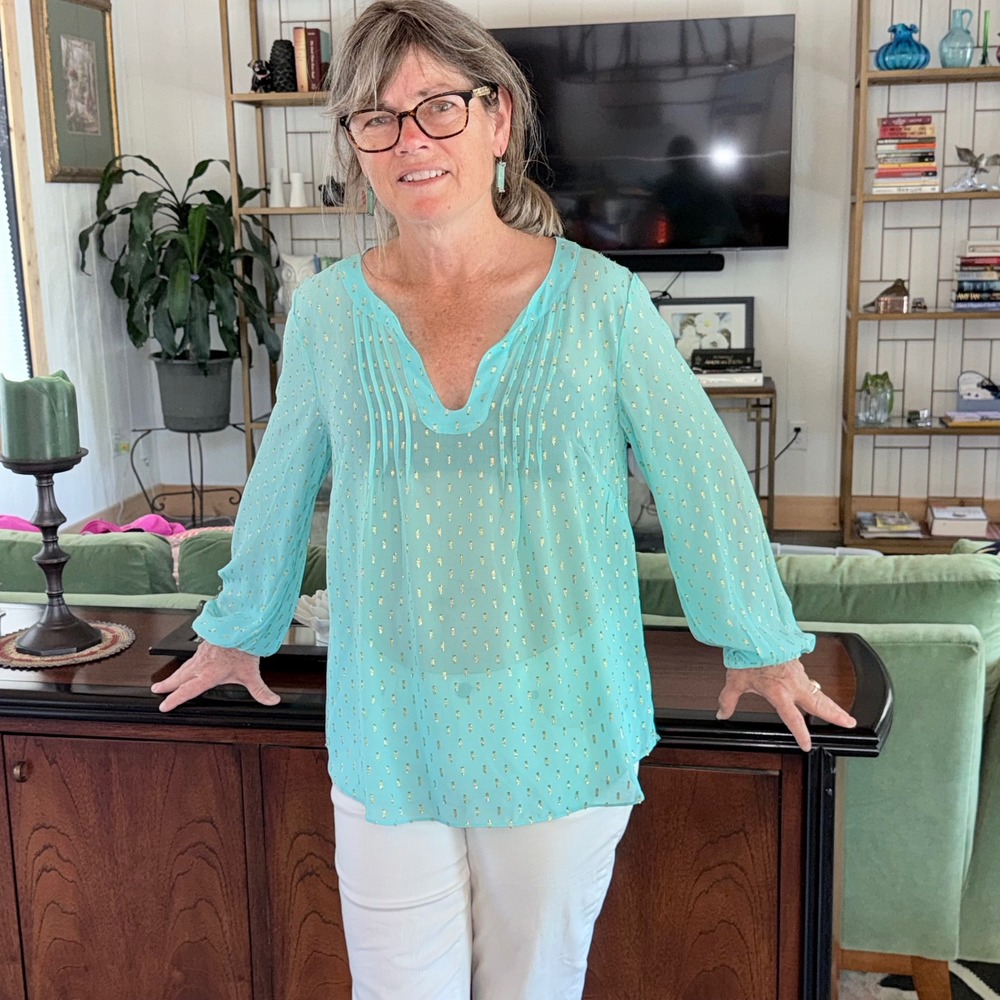 Lilly Pulitzer Elsa Silk Sheer Tunic Aqua Blue w Gold Metallic Clip Dots Size M‎ - Picture 4 of 9